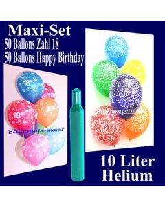 Ballons Helium Set zum 18. Geburtstag, 50 Luftballons Zahl 18 und 50 Luftballons Happy Birthday, 10 Liter Helium-Ballongas