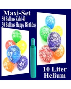 Ballons Helium Set zum 40. Geburtstag, 50 Luftballons Zahl 40 und 50 Luftballons Happy Birthday, 10 Liter Helium-Ballongas