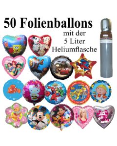 Folienballon-Midi-Set-1, 50 Luftballons aus Folie mit der 5 Liter Ballongasflasche