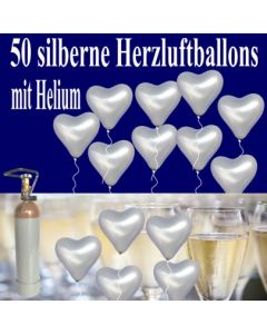 Ballons und Helium Set: 50 große Herzluftballons in Silber