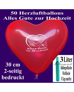 Luftballons Helium Set, 50 rote Herzluftballons 30 cm, Alles Gute zur Hochzeit, 3 Liter Ballongasflasche