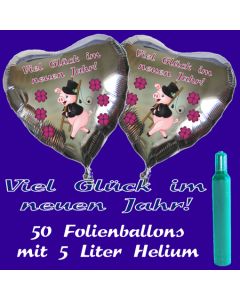 Ballons und Helium Set Silvester, 50 silberne Herzballons: Viel Glück im neuen Jahr!