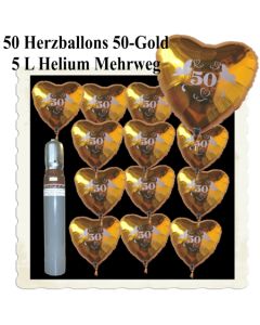 Ballons Helium Set Dekoration Goldene Hochzeit, 50 Herzballons 50 Gold, 5 Liter Helium-Mehrweg