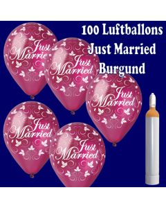 Ballons-Helium-Set-100-Luftballons-Just-Married-Burgund-und-10-Liter-Helium-Ballongasflasche-zur-Hochzeit