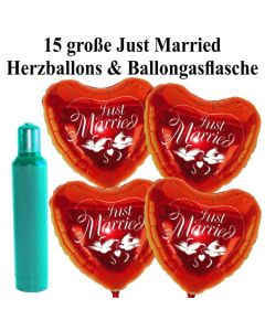 Ballons Helium Set Hochzeit: 15 große Herzluftballons Just Married mit Ballongasflasche