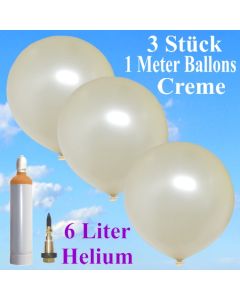 Ballons Helium Set Hochzeit, 3 cremefarbene Riesenballons, 1 Meter, mit Helium-Ballongas