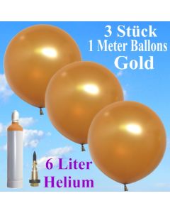 Ballons Helium Set Hochzeit, 3 Riesenballons Gold Metallic, 1 Meter, mit Helium-Ballongas