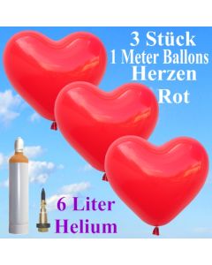 Ballons Helium Set Hochzeit, 3 rote Herzballons, 1 Meter, mit Helium-Ballongas