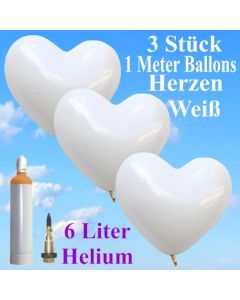 Ballons Helium Set Hochzeit, 3 weiße Herzballons, 1 Meter, mit Helium-Ballongas