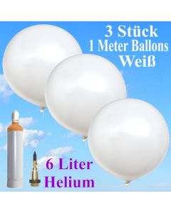Ballons Helium Set Hochzeit, 3 weiße Riesenballons, 1 Meter, mit Helium-Ballongas