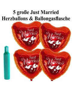 Ballons Helium Set Hochzeit: 5 große Herzluftballons Just Married mit Ballongasflasche