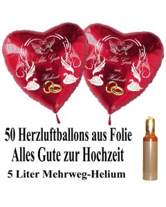 Ballons Helium Set Midi, 50 Herzluftballons aus Folie in Rot, Alles Gute zur Hochzeit, 5 Liter Mehrweg Ballongas