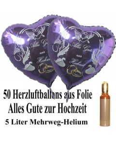 Ballons Helium Set Midi, 50 Herzluftballons aus Folie in Flieder, Alles Gute zur Hochzeit, 5 Liter Mehrweg Ballongas