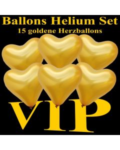 Ballons Helium Set VIP Party, 15 goldene Herzballons mit Ballongas Helium