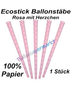 Ecostick Ballonstab aus 100 % Papier, rosa mit Herzchen, 1 Stück 