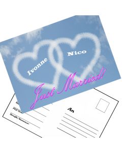 Ballonweitflugkarten Just Married Herzen, personalisiert mit Namen und Anschrift