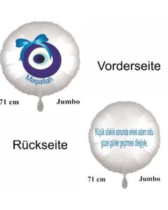 Großer Runduftballon in Satin Weiß, 71 cm "Kücük ufaklik sonunda erkek adam oldu güzel günler gecirmesi dilegiyle"