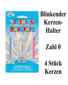 Blinkender Kerzenhalter, Zahl 0, mit 4 Geburtstagskerzen