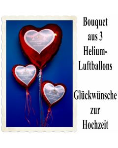 Bouquet aus 3 Helium-Herz-Luftballons, Glückwünsche zur Hochzeit