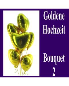 Bouquet 2 zur Goldenen Hochzeit, goldene Herzluftballons mit Ballongas, Dekoration