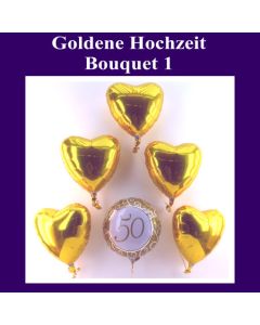 Bouquet aus Luftballons zur Dekoration der Goldenen Hochzeit, golden Herzen und 1 Rundballon, Zahl 50, Ballons aus Folie mit Ballongas