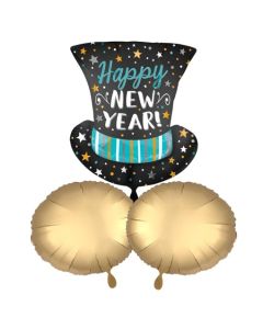 Bouquet Großer Zylinderluftballons Happy New Year zu Silvester und Neujahr mit 2 Rundballons in Gold