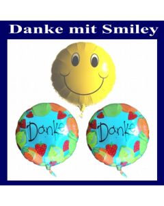 Danke Smiley Luftballons, 2 Folienballons Danke, 1 Folienballon Smiley, inklusive Ballongas