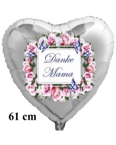 Danke Mama. Herzluftballon in Silber mit Vintage Blumenkranz, 61 cm groß