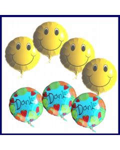 Danke mit Smiley Luftballons, 4 Stück Smiley und 3 Stück Danke Ballons mit Ballongas