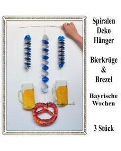 Bayrische Wochen Dekoration, 3 Dekohänger, Rotor-Spiralen, 2 x Bierkrug und 1 x Brezel