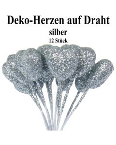 Deko-Herzen auf Draht, silber mit Glitter, 12 Stück
