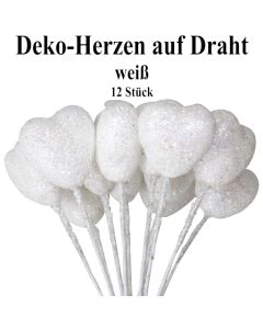 Deko-Herzen auf Draht, weiß mit Glitter, 12 Stück