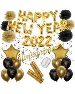 Silvester Dekorations-Set mit Ballons Happy New Year 2022 Black & Gold, 32 Teile