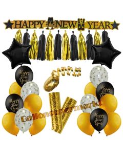 Silvester Dekorations-Set mit Ballons Happy New Year Black & Gold, 23 Teile