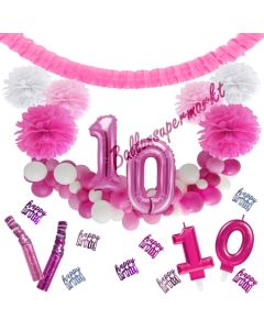 Do it Yourself Dekorations-Set mit Ballongirlande zum 10. Geburtstag, Happy Birthday Pink & White, 91 Teile