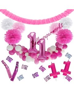 Do it Yourself Dekorations-Set mit Ballongirlande zum 11. Geburtstag, Happy Birthday Pink & White, 91 Teile