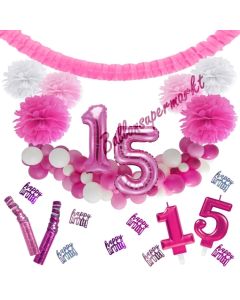 Do it Yourself Dekorations-Set mit Ballongirlande zum 15. Geburtstag, Happy Birthday Pink & White, 91 Teile