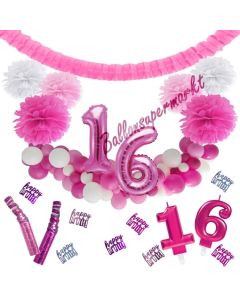 Do it Yourself Dekorations-Set mit Ballongirlande zum 16. Geburtstag, Happy Birthday Pink & White, 91 Teile