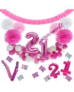 Do it Yourself Dekorations-Set mit Ballongirlande zum 21. Geburtstag, Happy Birthday Pink & White, 91 Teile