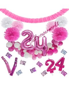 Do it Yourself Dekorations-Set mit Ballongirlande zum 24. Geburtstag, Happy Birthday Pink & White, 91 Teile