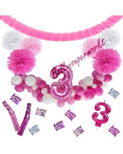 Do it Yourself Dekorations-Set mit Ballongirlande zum 3. Geburtstag, Happy Birthday Pink & White, 89 Teile