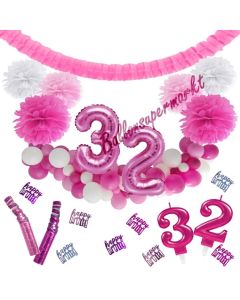 Do it Yourself Dekorations-Set mit Ballongirlande zum 32. Geburtstag, Happy Birthday Pink & White, 91 Teile