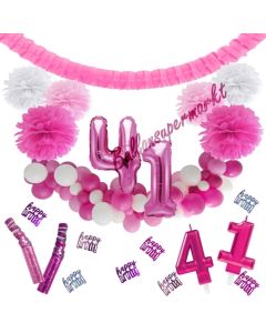 Do it Yourself Dekorations-Set mit Ballongirlande zum 41. Geburtstag, Happy Birthday Pink & White, 91 Teile