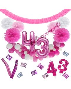 Do it Yourself Dekorations-Set mit Ballongirlande zum 43. Geburtstag, Happy Birthday Pink & White, 91 Teile