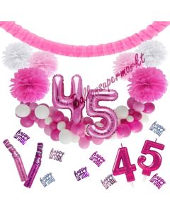 Do it Yourself Dekorations-Set mit Ballongirlande zum 45. Geburtstag, Happy Birthday Pink & White, 91 Teile