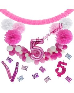 Do it Yourself Dekorations-Set mit Ballongirlande zum 5. Geburtstag, Happy Birthday Pink & White, 89 Teile