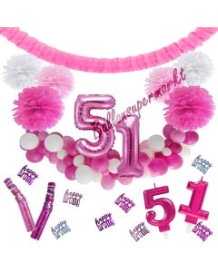 Do it Yourself Dekorations-Set mit Ballongirlande zum 51. Geburtstag, Happy Birthday Pink & White, 91 Teile