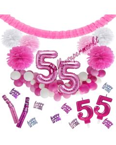 Do it Yourself Dekorations-Set mit Ballongirlande zum 55. Geburtstag, Happy Birthday Pink & White, 91 Teile