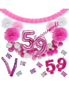 Do it Yourself Dekorations-Set mit Ballongirlande zum 59. Geburtstag, Happy Birthday Pink & White, 91 Teile