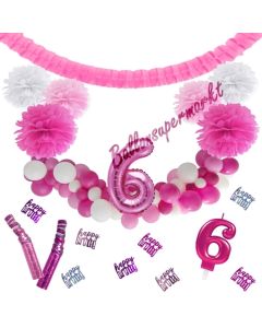 Do it Yourself Dekorations-Set mit Ballongirlande zum 6. Geburtstag, Happy Birthday Pink & White, 89 Teile